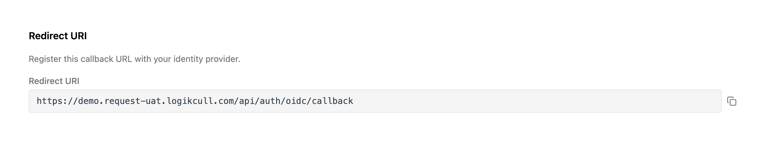 Redirect URI for callback registration with identity provider displayed in the image.